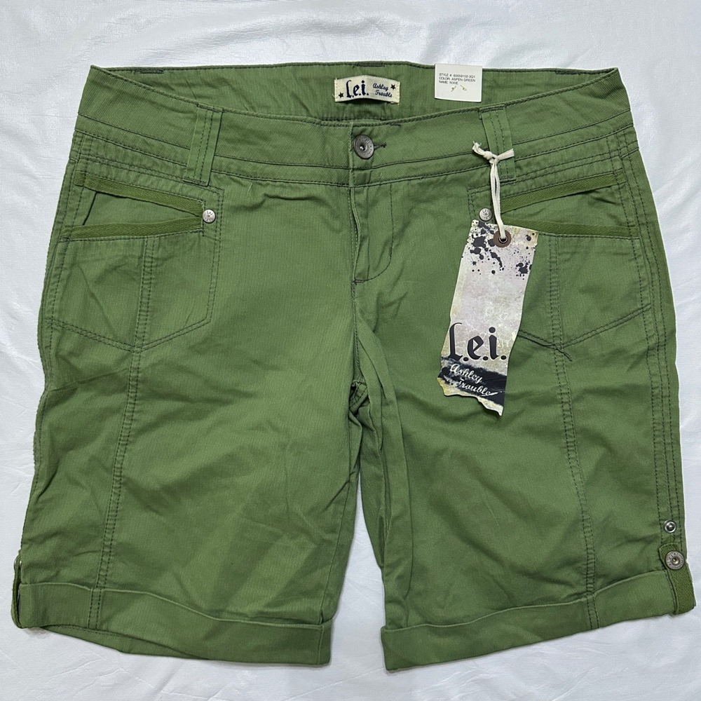 VTG Y2K LEI Ashley Trouble Cargo Shorts Junior 13 Green Utility Gorpcore Safari